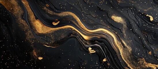 Poster - Abstract black and gold marble texture background with wavy patterns and specks of gold elements