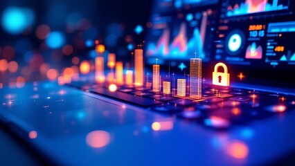Wall Mural - financial graphs and charts overlaying a keyboard in a digital interface concept.
