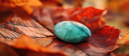 Poster - Turquoise stone resting on vibrant autumn leaves
