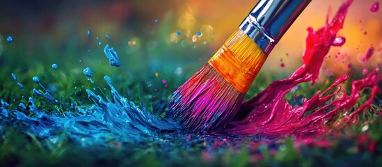 Poster - Paintbrush with Blue and Red Paint Splashing on Grass in Vibrant Colors