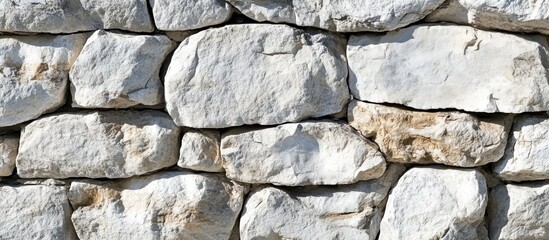 Poster - Rough stone wall texture with irregular light gray stones stacked and weathered surface.