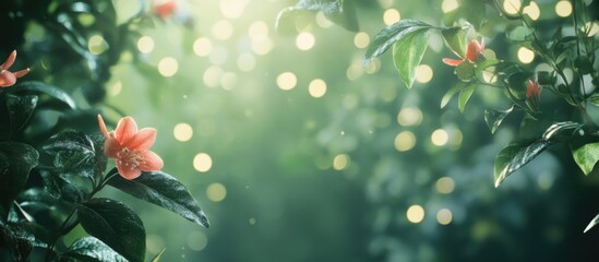 Poster - Bokeh Background with Red Flowers and Green Leaves in Sunlight