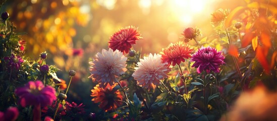 Poster - Vibrant dahlia flowers in a garden with warm sunlight and blurred background
