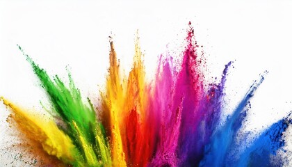 Poster - colorful powder explosion with vivid hues of purple, green, yellow, orange, and pink on white background