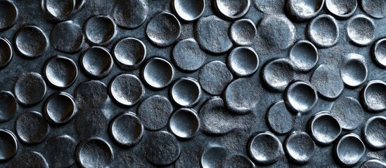 Poster - Dark textured abstract background with shiny metallic circular patterns in close-up view
