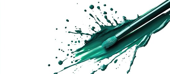 Poster - Paintbrush with Green Paint Splash on White Background Copy Space