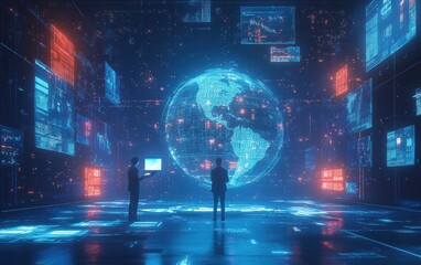 Poster - Futuristic Technology Interface With Two Figures Interacting With a Digital Sphere
