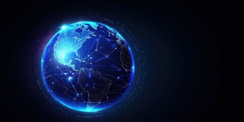 Poster - E-commerce solutions and Sustainability in business. Glowing blue planet with glowing connections in a dark space background.