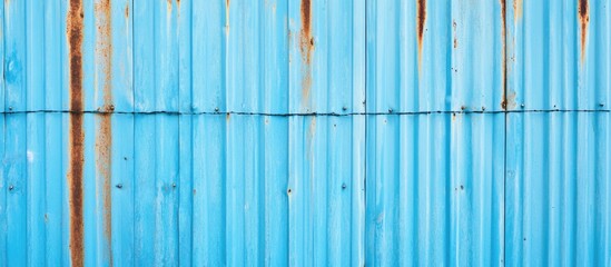 Poster - Rustic blue corrugated metal wall with rust stains and vertical texture patterns