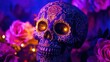 © Bijac - gothic sugar skull adorned with intricate art nouveau roses and gold filigree patterns, illuminated by ethereal purple backlighting