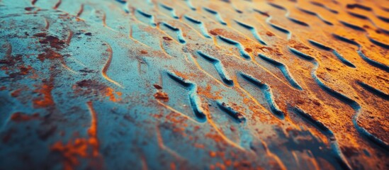 Poster - Close-up of textured rusted metal surface with blue and orange tones