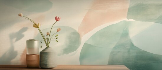 Poster - Artistic vases with flowers on wooden shelf against abstract pastel wall background