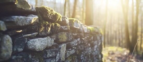 Poster - Moss-covered stone wall in sunlit forest with blurred background and copy space