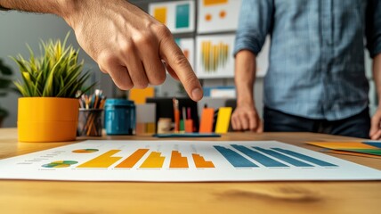 Wall Mural - E-commerce solutions and Sustainability in business. A hand points at colorful graphs on a table during a business discussion.