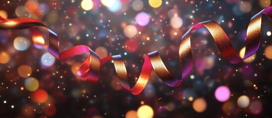 Poster - Festive color ribbons with colorful bokeh lights background containing copy space