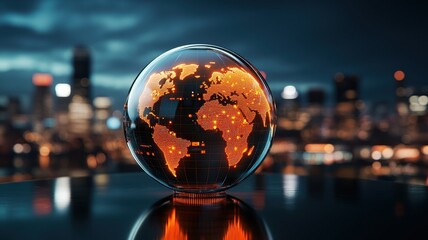 Poster - E-commerce solutions and Sustainability in business. Glowing globe on a reflective surface with a city skyline in the background at dusk.