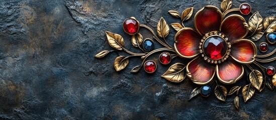 Poster - Ornate floral metal decoration with red and blue gemstones on textured dark background with copy space