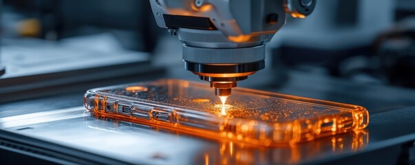 Poster - Laser etching process on a metallic surface with intricate luminous patterns