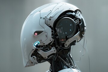 Poster - Futuristic robot is posing and showing the back of its head and neck, revealing complex wiring and circuitry
