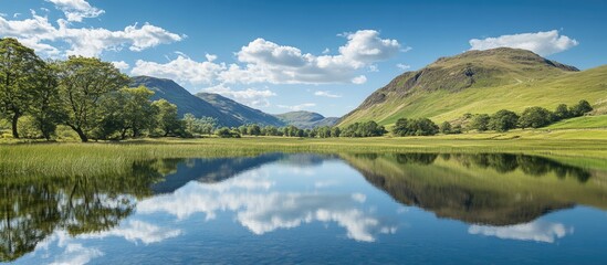 Wall Mural - Scenic Landscape with Mountains and Lake Reflection under Blue Sky with Clouds