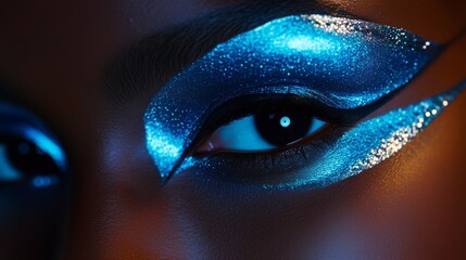 Wall Mural - Detailed close-up of an eye adorned with glittery blue makeup, showcasing artistic style and vibrant color contrast.