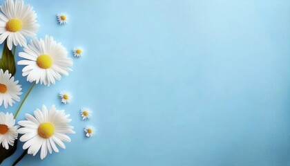 Poster - close-up of fresh daisy flowers against a soft blue background, perfect for nature, spring, and floral themed designs