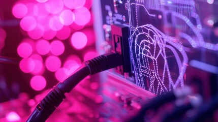 Poster - power cable connecting to a transparent computer case showcasing innovative circuitry and design, il