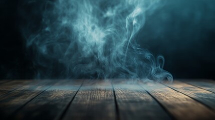 Poster - A misty, ethereal scene with swirling smoke hovering above a wooden floor, creating a mysterious and atmospheric ambiance.