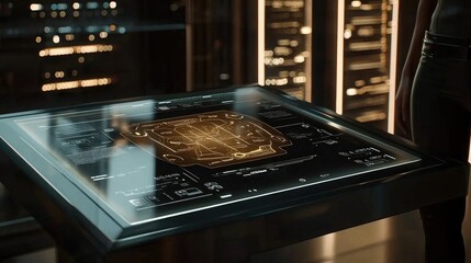 Poster - Futuristic Tech Interface with Golden Schematic Displayed on Sleek Glass Table