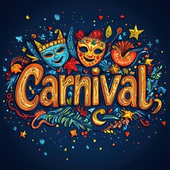 Wall Mural - Festive carnival illustration with decorative masks, vibrant typography, and colorful floral and abstract elements on a dark background Generative AI