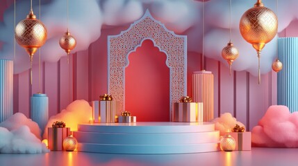 Poster - A vibrant, festive stage design featuring ornate patterns, colorful clouds, and decorative lanterns, perfect for celebrations and events.