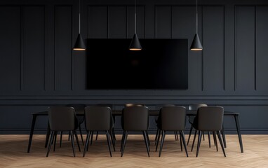 Wall Mural - A high-end boardroom featuring a large conference table with stylish black chairs, illuminated by pendant lights hanging from the ceiling. 