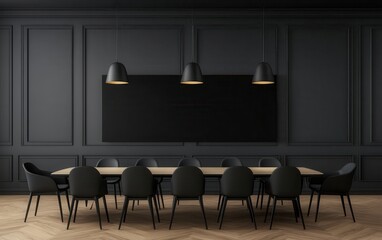 Wall Mural - A high-end boardroom featuring a large conference table with stylish black chairs, illuminated by pendant lights hanging from the ceiling. 