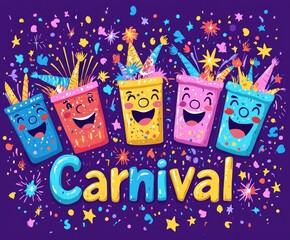 Wall Mural - Playful carnival celebration with colorful smiling characters, festive decorations, confetti, fireworks, and vibrant typography Generative AI