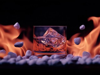Poster - Surreal glowing cocktail surrounded by abstract fire elements cinematic tone blending elegance