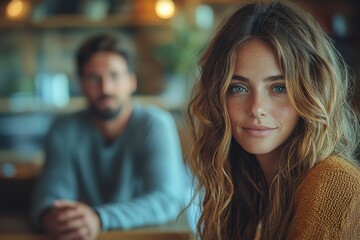 Wall Mural - Portrait of a woman with wavy hair smiling warmly while a man is softly blurred in the background at a cozy cafe