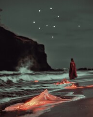 Poster - Bioluminescent waves crash on coastal cliffs starry night sky surreal landscape coastal environment artistic view