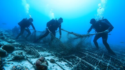 Group of Divers Collaboratively Hauling Fishing Net in Underwater Marine Environment