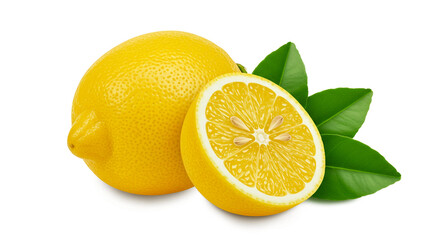 Wall Mural - closeup of fresh yellow lemon lime citrus fruit with leaves isolate cutout in transparent background, png format