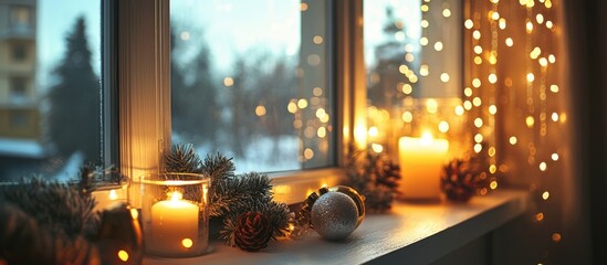 Poster - Cozy holiday window display with candles pinecones and glowing lights creating a warm atmosphere with snow visible outside Copy Space