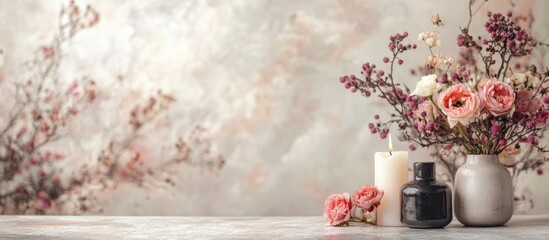 Poster - Floral arrangement with pink roses and berries in vases with candles on a wooden table against a textured background Copy Space