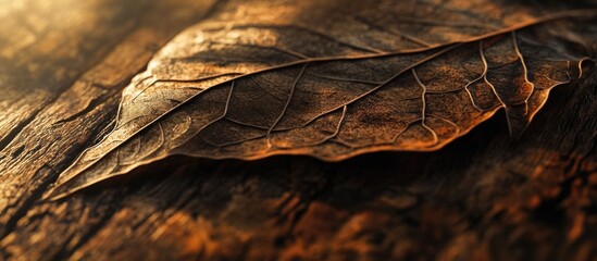 Poster - Close-up of a dry leaf resting on weathered wooden surface with warm tones and intricate textures, Copy Space