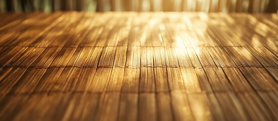Poster - Wooden surface with warm sunlight reflections and soft bokeh background, ideal for product display or text overlay, Copy Space