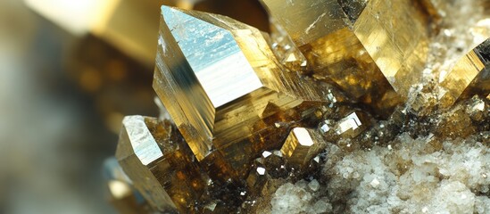 Poster - golden crystal formations with sharp peaks and reflective surfaces surrounded by mineral clusters su