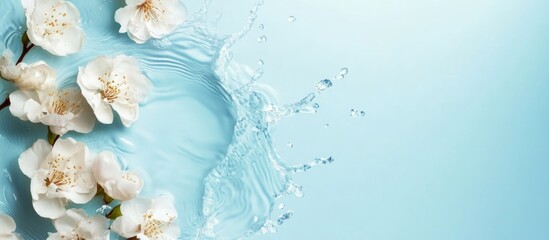 Poster - White cherry blossoms with water splash on soft blue background Copy Space