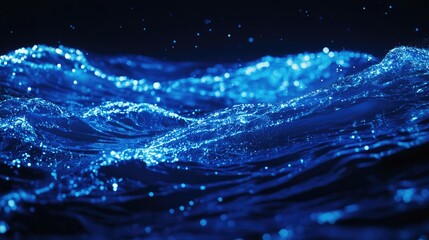 Poster - glowing blue ocean waves with sparkling water droplets against a dark background copy space