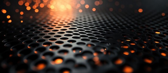Poster - Abstract metallic texture with perforated surface and warm glowing lights in background suitable for modern design concepts Copy Space