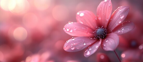 Poster - Pink flower with water droplets on petals surrounded by soft blurred background and bokeh lights Copy Space