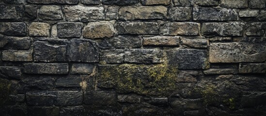 Poster - Textured stone wall with moss and uneven surfaces in natural light suitable for backgrounds and design elements Copy Space