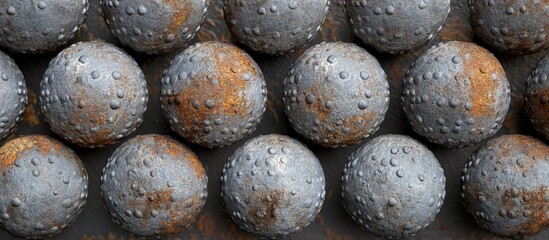 Poster - Rusty metal balls arranged in pattern showing texture and wear on surface with natural patina and color variations Copy Space